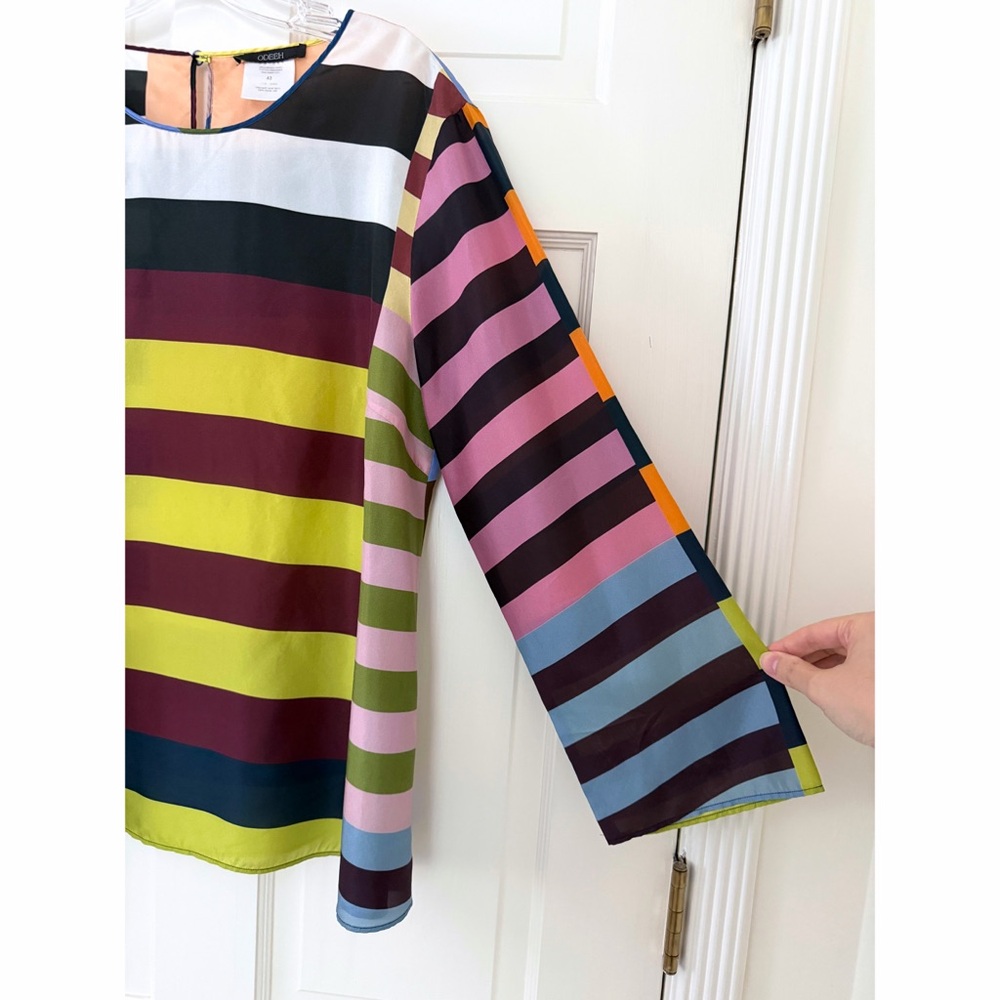 Odeeh Colorful Rainbow Stripe Silk Top Blouse Colorblock Patchwork Rugby 42 - Picture 7 of 16